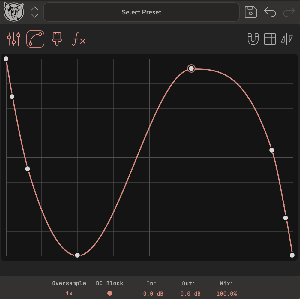 Spline Mode editor showing draggable anchor points on a transfer curve